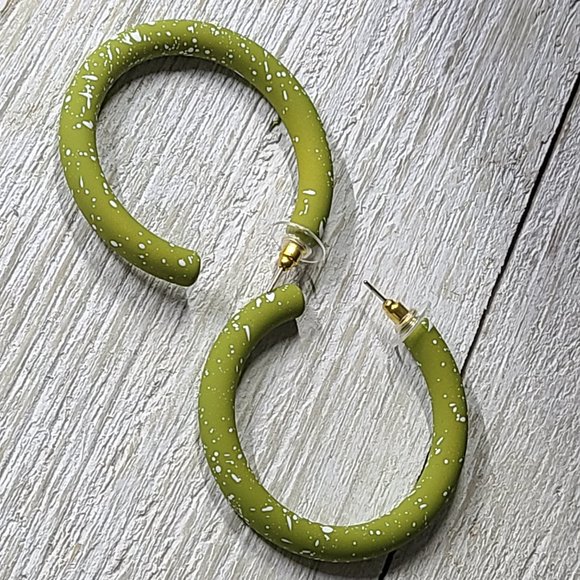 2" White Splatter Paint Olive Green Matte Hoop Earrings - Picture 5 of 11